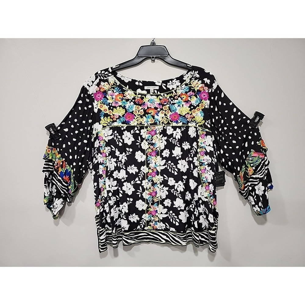 John Mark Black Floral Mixed-Print Blouse with Multicolor Embroidery